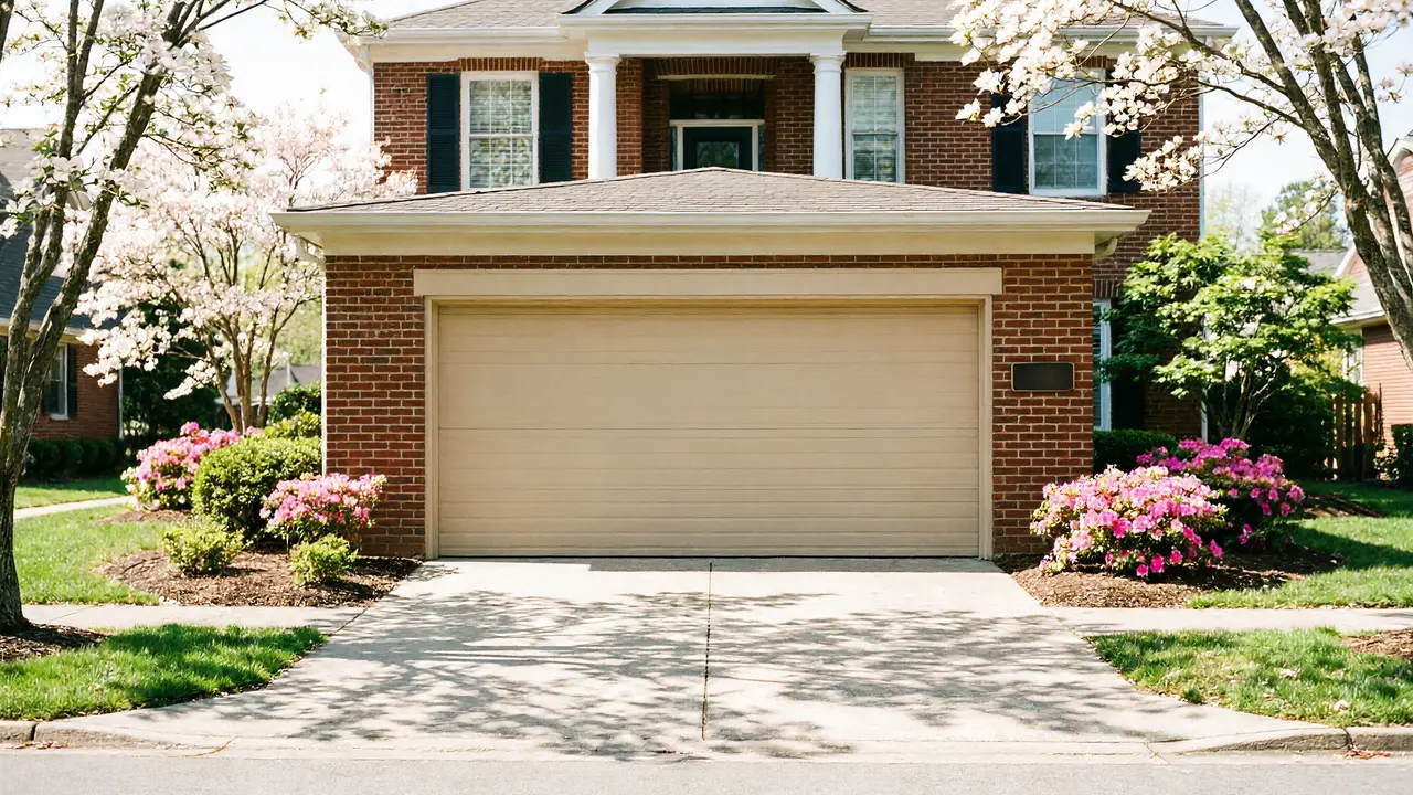 A beige garage door on a brick house with blooming trees and bushes.