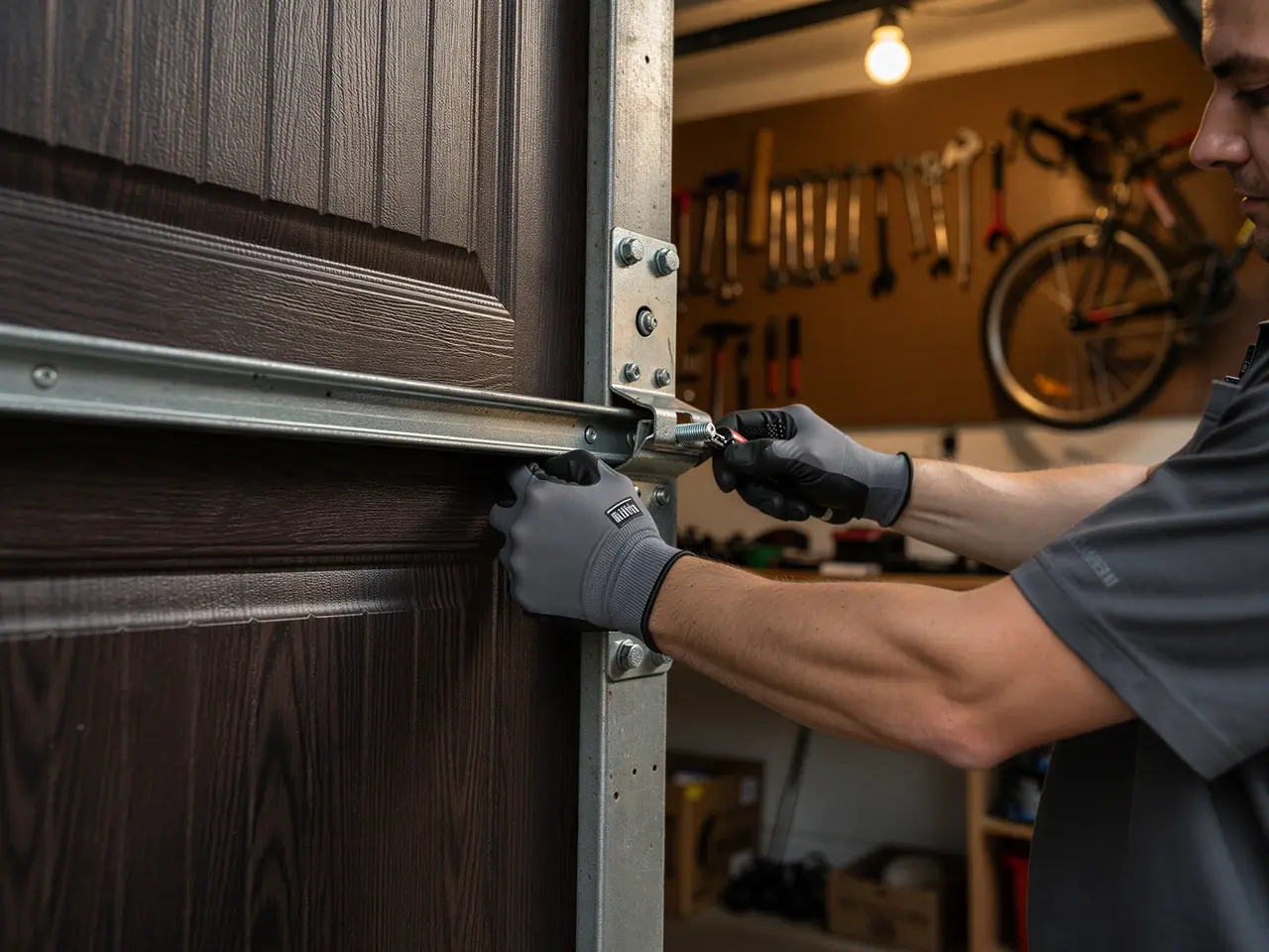 A technician in gray gloves works on a brown garage door track.