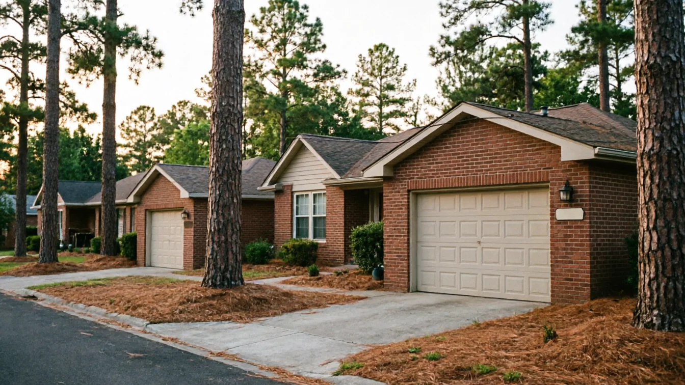 Three brick houses with beige garage doors line a street with pine trees.